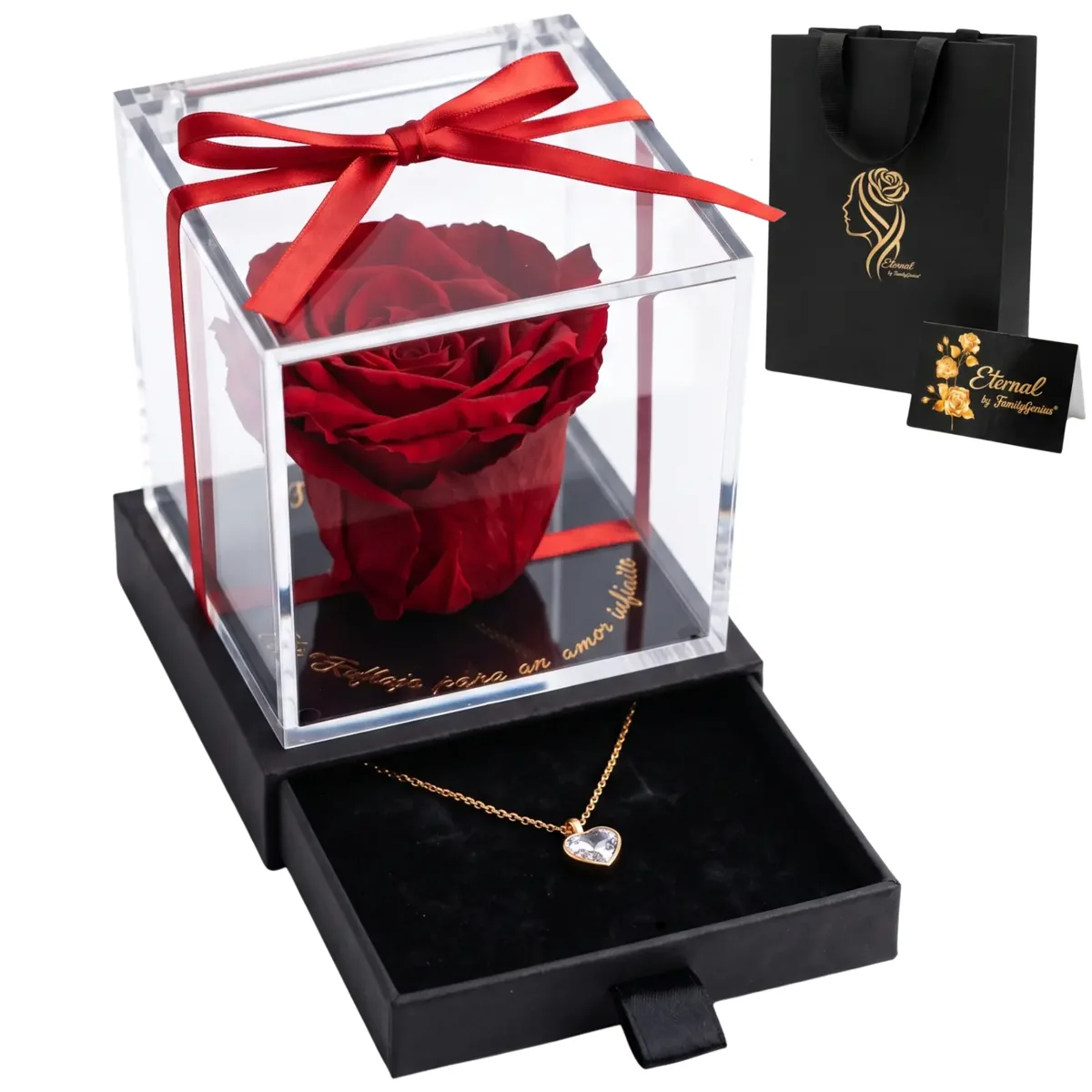 Rosa Eternal roja en caja transparente con lazo, collar de corazón en cajón secreto, bolsa y tarjeta de regalo