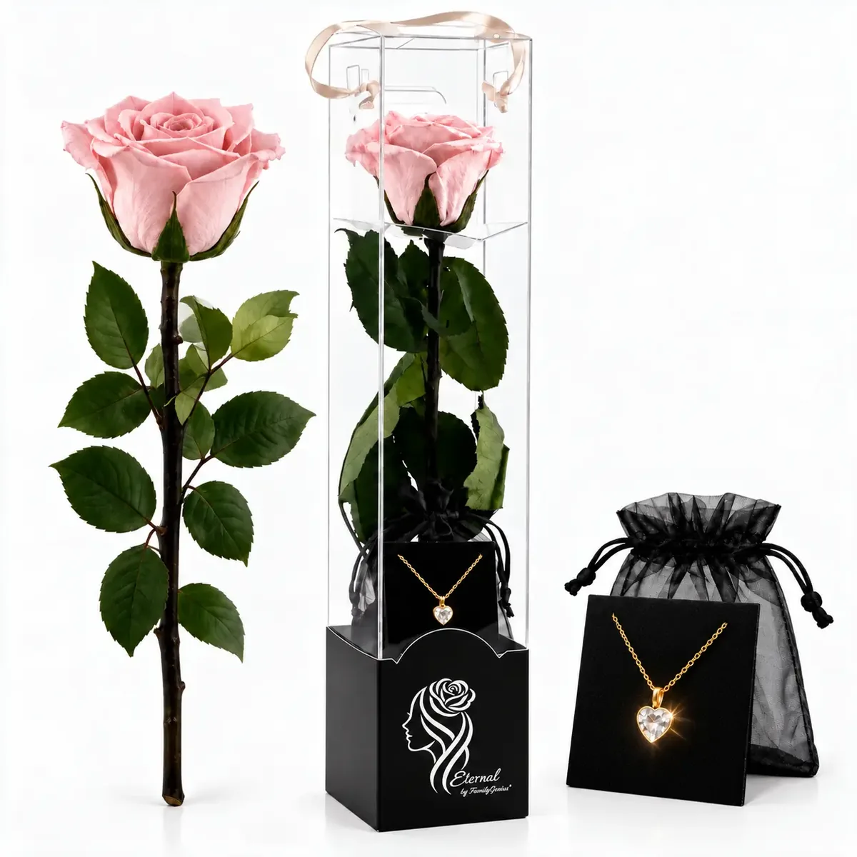 Rosa natural preservada rosa con tallo en caja protectora, con collar de corazón y bolsa de organza