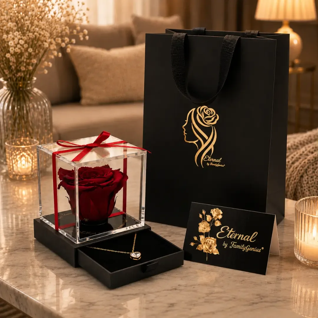 Rosa Eternal roja preservada en su caja de regalo, junto a una bolsa y una tarjeta