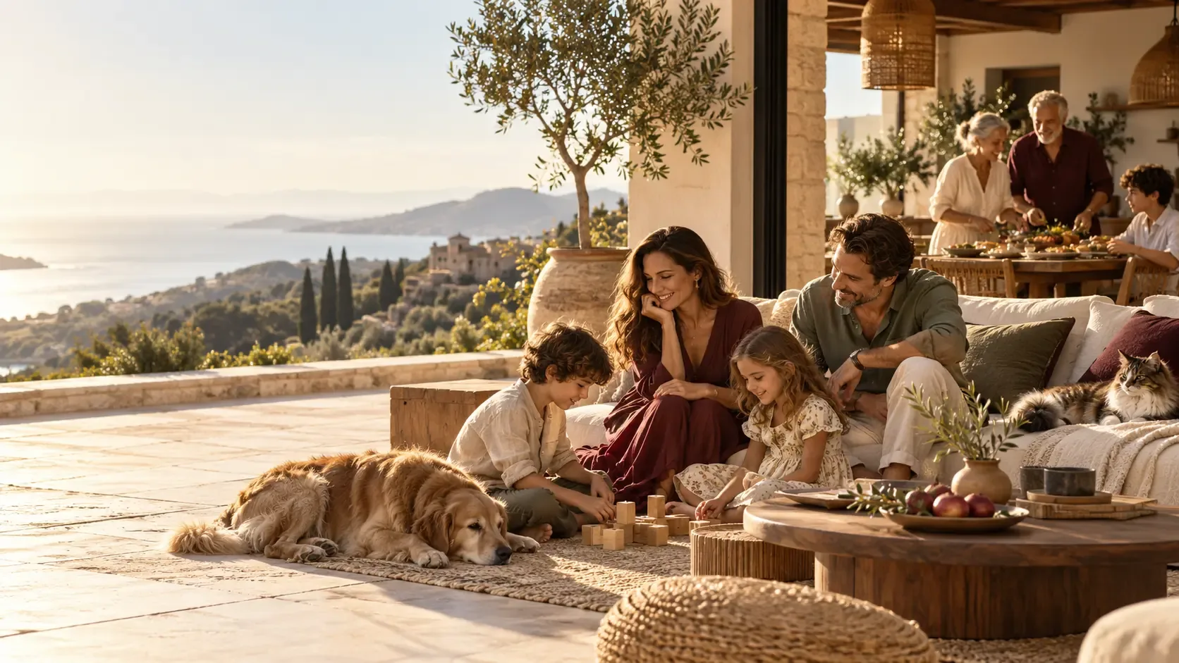 Una familia compartiendo una tarde en casa, con su perro y su gato, frente al mar